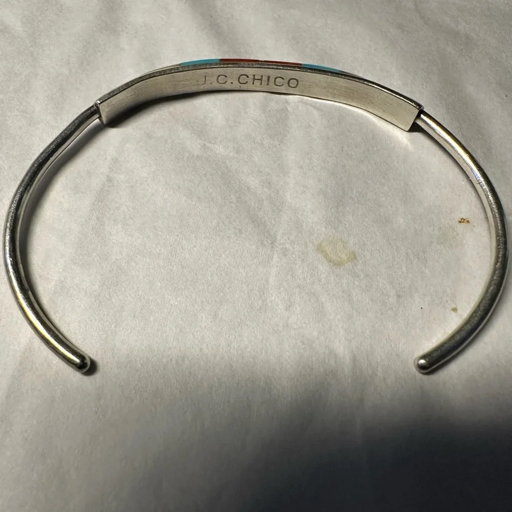 Vintage handmade Native American Zuni inlaid turquoise silver cuff bracelet - Picture 11 of 12